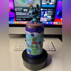 Stitch Decorated Snow Globe Tumbler With Purple & Blue Glitter